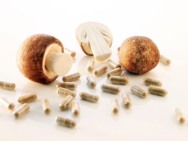 Agaricus blazei gyógygombák (mandulagombák) és a belőlük készült étrend-kiegészítő kapszulák.