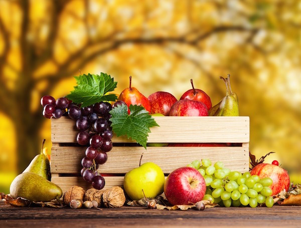 Fa ládikóban őszi gyümölcsök: szőlő, alma, körte, dió.