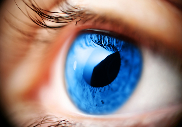 Egy emberi kék szem felnagyított fotója.