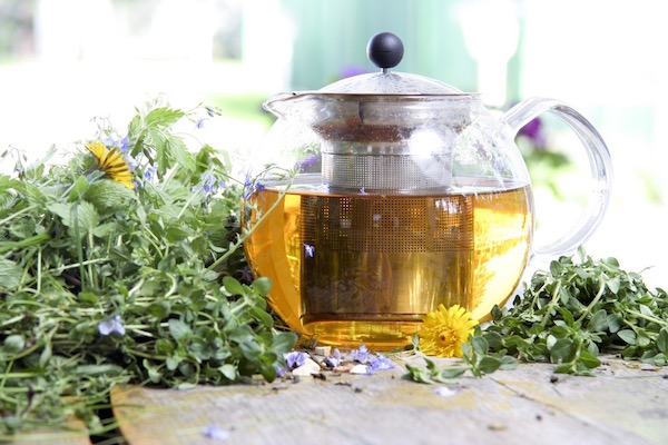 Gyógynövényekből készült friss tea üvegkancsóban az asztalon.