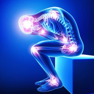 Ülő helyzetben lévő stilizált emberi test tele fájdalmas pontokkal, melyek a fibromyalgia tüneteire utalnak.