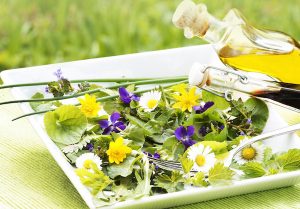 Tavaszi gyógynövények és ehető virágok egy salátástálon, mellette egy villa és olívaolaj.