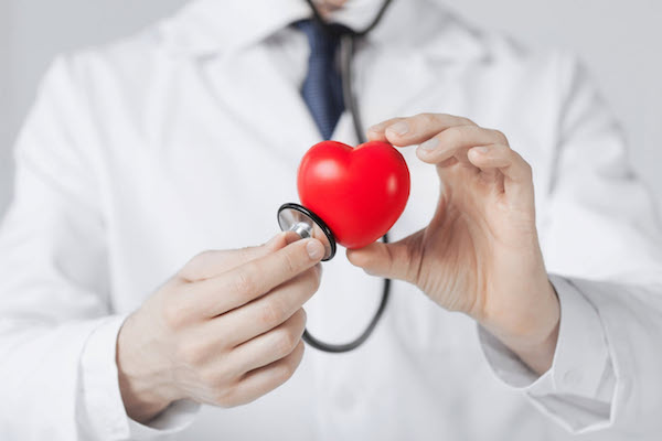 Műanyag piros szívet vizsgál fonensdoszkópjával egy kardiológus.