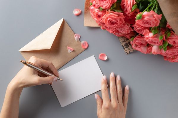Egy szürke asztalon egy balkezes nő levelet ír, mellette rózsacsokor.