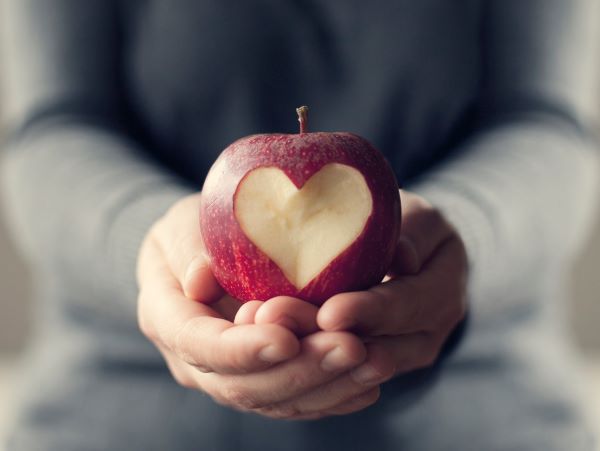 Két kéz tart egy almát szív alakú harapásnyommal.