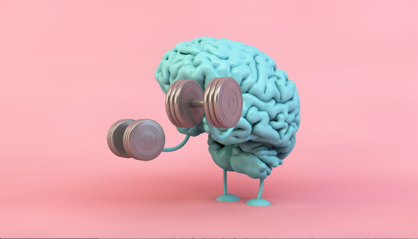 Kék agy súlyzózik rózsaszín háttérrel.