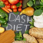 Fekete alapon fehér "DASH-diéta" felirat, körülötte zöldségek, gyümölcsök, teljes kiőrlésű tészta és péksütemények.
