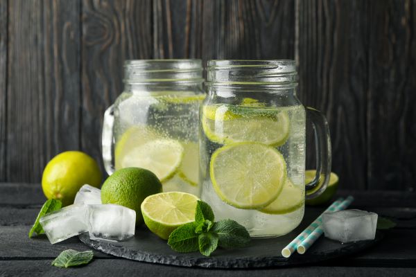 Sötét faasztalon két nagy füles pohár limonádé lime-karikákkal, mellette lime, jégkockák és szívószálak.