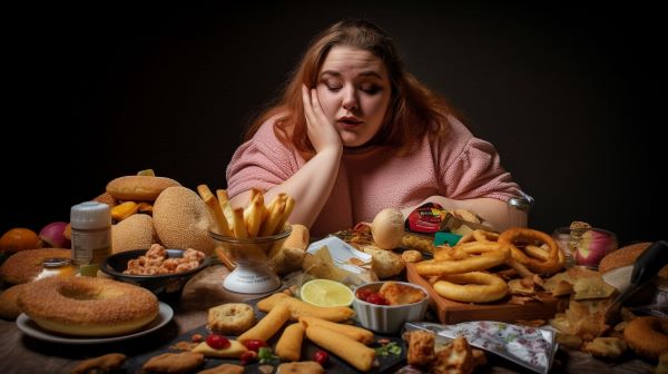 Kövér nő rózsaszínű felsőben ül egy ételekkel roskadásig megrakott asztalnál könyökölve.