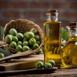 Faasztalon két különböző formájú és méretű üvegben olívaolaj, kis kosárban zöld olajbogyók.
