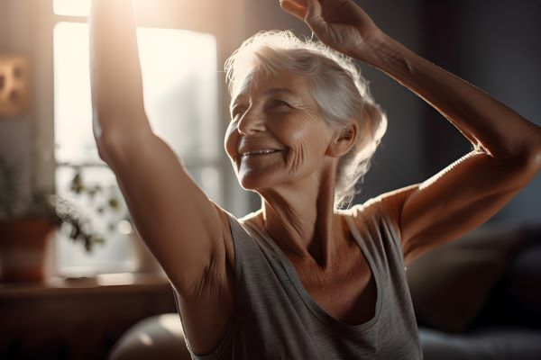 Idős nő mosolyogva jógagyakorlatot végez az otthonában.