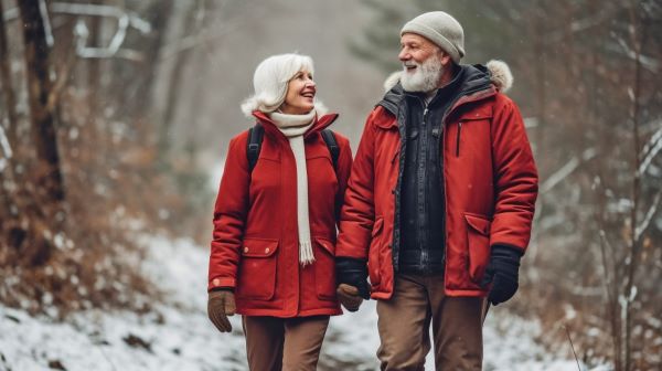 Idős pár piros kabátban sétál a téli erdőben.