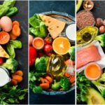 Fotókollázs egészséges ételekről: zöldségek, gyümölcsök, rák, hús.