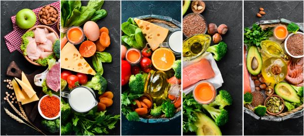 Fotókollázs egészséges ételekről: zöldségek, gyümölcsök, rák, hús.
