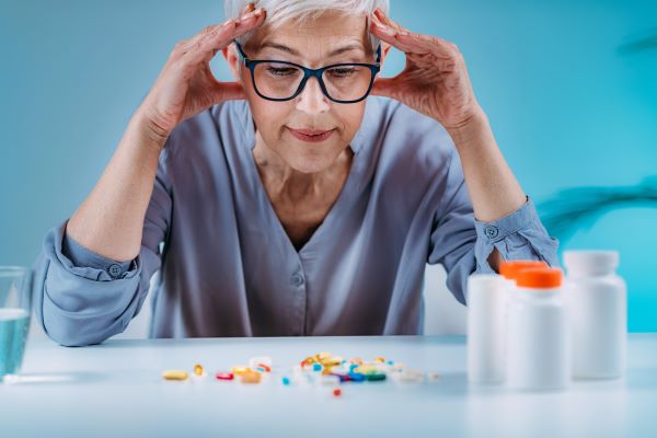 Idősebb szemüveges nő kék ingben ül az asztalnál könyökölve gondterhelten, előtte egy kupac tabletta és kapszula, kék háttérrel.