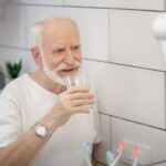 Idős férfi a mosdókagylónál áll egy pohár vízzel a kezében, hogy szájat öblögessen.l