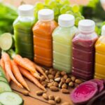 Műanyag flakonokban színes zöldséglevek, körülöttük zöldségek, gyümölcsök: uborka, sárgarépa, cékla, alma, szőlő, saláta, mandula.