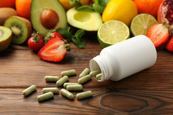 Vitaminos dobozból kidőlt kapszulák, háttérben gyümölcsök.