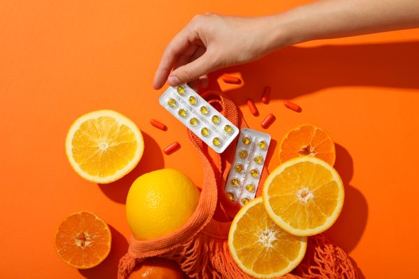 Narancssárga háttéren citrom, narancs és C-vitamin-kapszulák, amelyekért nyúl egy kéz.