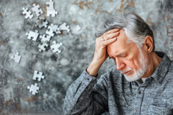 Idős, szakállas férfi fogja a fejét, a háttérben puzzledarabok.