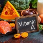 A-vitamin-tartalmú táplálékok: hal, sárgabarack, tojás, sütőtök, sárgarépa, brokkoli, egy pohár tej; középen fekete táblán "Vitamin A" felirat.