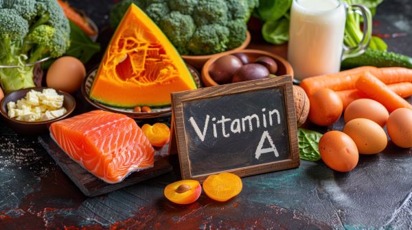 A-vitamin-tartalmú táplálékok: hal, sárgabarack, tojás, sütőtök, sárgarépa, brokkoli, egy pohár tej; középen fekete táblán "Vitamin A" felirat.