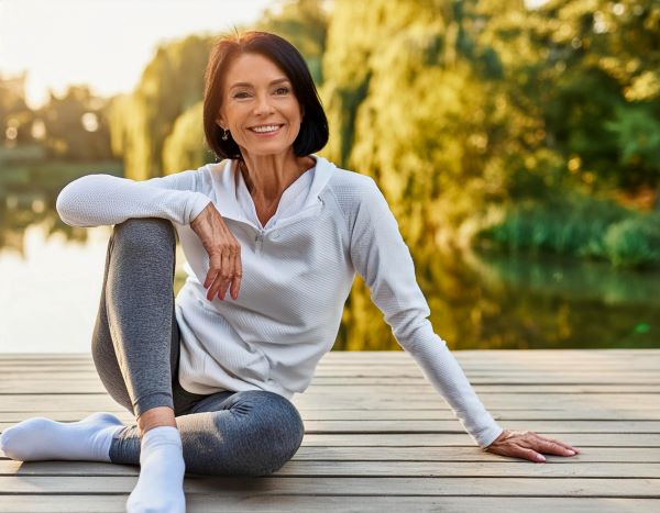Középkorú nő sportruházatban mosolyogva ül egy fapadlón a szabadban, háttérben fák, víztükör.
