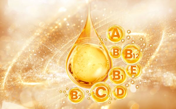 Illusztráció vitaminokról: középen egy nagy csepp, körülötte buborékokban a vitaminok betűjelei: A, B, C, D, E, B12, B2, B1.