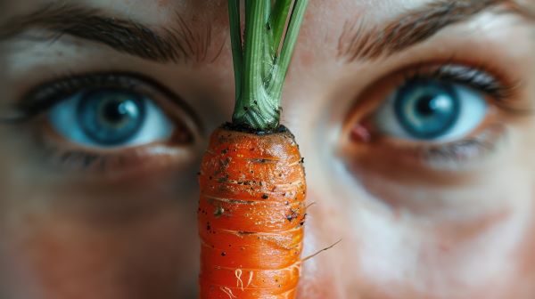 Közeli fotó egy nő kék szemeiről, amelyek között egy sárgarépa látható.