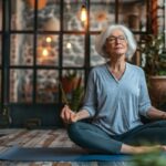 Miért javasolt az idősebb személyeknek meditálni? Idős nő jógaszőnyegen törökülésben meditál.