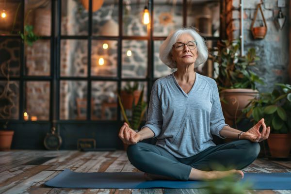 Idős nő jógaszőnyegen törökülésben meditál.