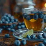 Faasztalon üvegcsészében tea áfonyaszemekkel, mellette sok áfonya.