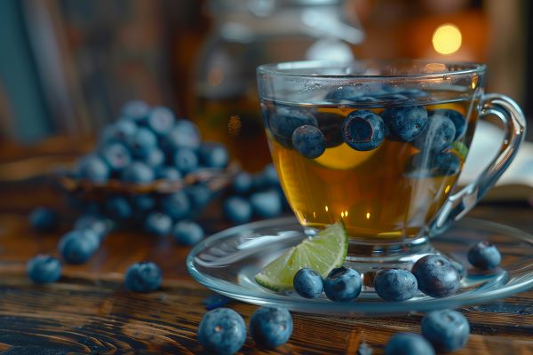 Faasztalon üvegcsészében tea áfonyaszemekkel, mellette sok áfonya.