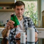 Minden férfinak szüksége van ezekre a tápanyagokra Férfi kockás ingben a konyhában ülve zöld étrend-kiegészítős dobozt tart a kezében, előtte a pulton még két fehér vitaminos tégely.