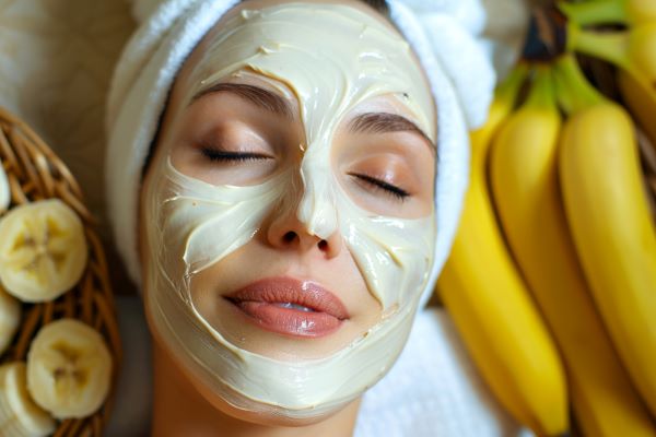 Női arc pakolással, mellette banánkötegek.