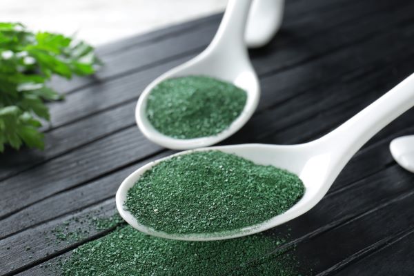 Sötét asztalon két fehér kanálban spirulina algapor.