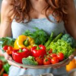 A COPD kockázatainak és tüneteinek csökkentése zöldség- és gyümölcsfogyasztással Nő egy tál zöldséget tart a kezében, a háttérben zöldségek és gyümölcsök.