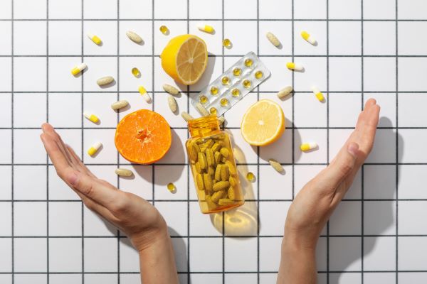 Négyzetrácsos háttéren C-vitamin-kapszulák és -tabletták, citrom és narancs, mindez két kéz között.