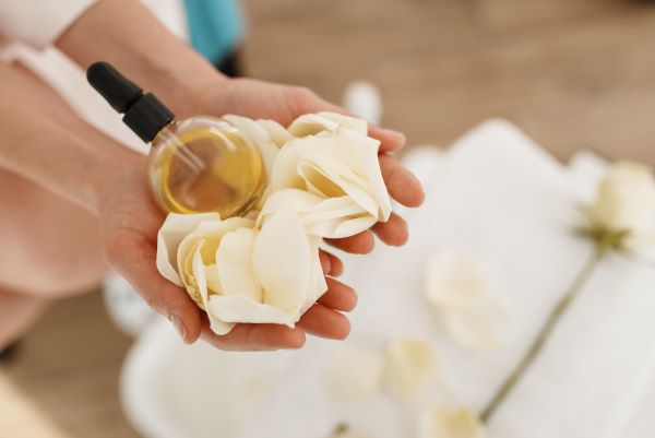 Nő két tenyerében tart egy üveg masszázsolajat rózsaszirmokkal.