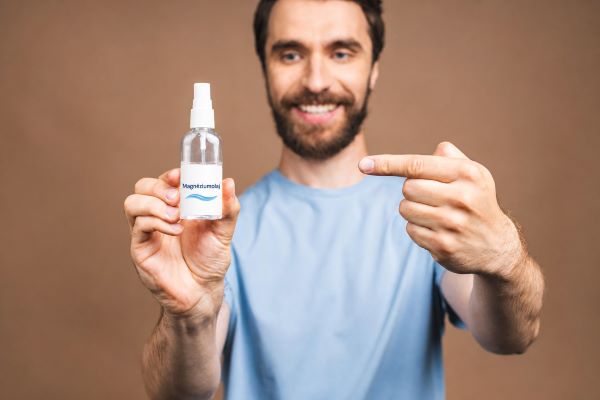 Szakállas orvos kék öltözetben egy magnéziumolaj spray-t tart a kezében.