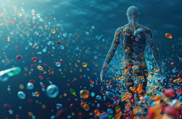 3D illusztráció egy emberi alakról és az őt körülvevő kis színes részecskékről.