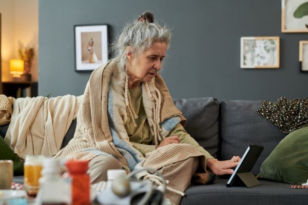Idős nő a kanapén ülve nézegeti a tabletjét, vállára terítve plédek, előtte az asztalon gyógyszerek.