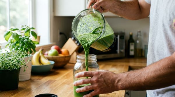 Férfi a konyhában a turmixgép kancsójából zöld turmixot tölt egy befőttesüvegbe.