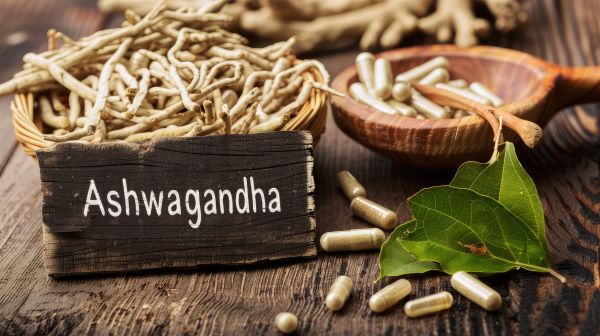Faasztalon kosárkában ashwagandha gyökér, fatálban kapszulák, előtte fatábla "Ashwagandha" felirattal.